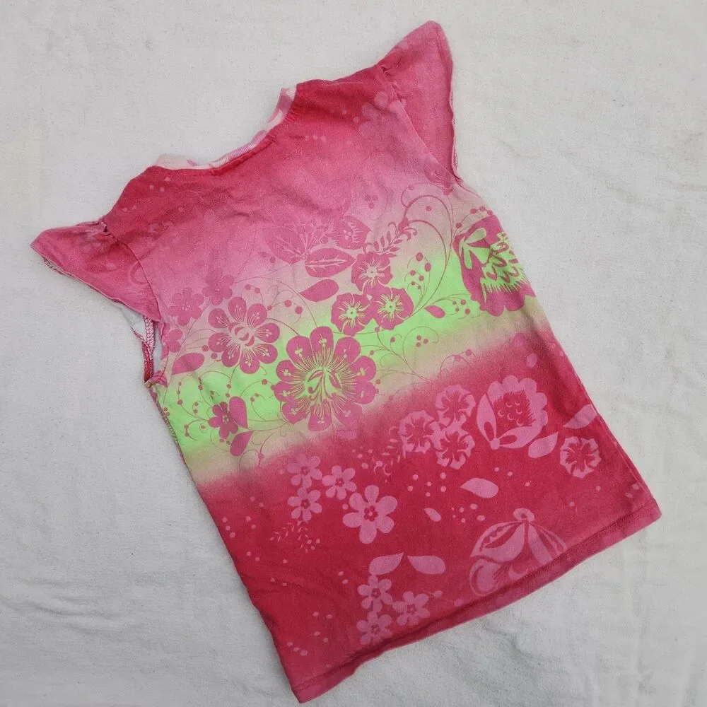 Vintage Y2K Skechers Pink Lime Green Floral Rhinestone Flutter Sleeve Top Size 6